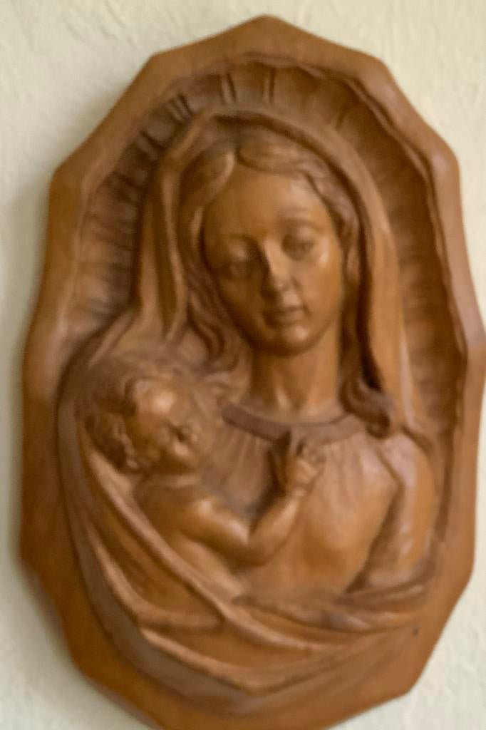Wand Houten reliëf Maria met kind, Antiek en Kunst, Antiek | Religie, Verzenden