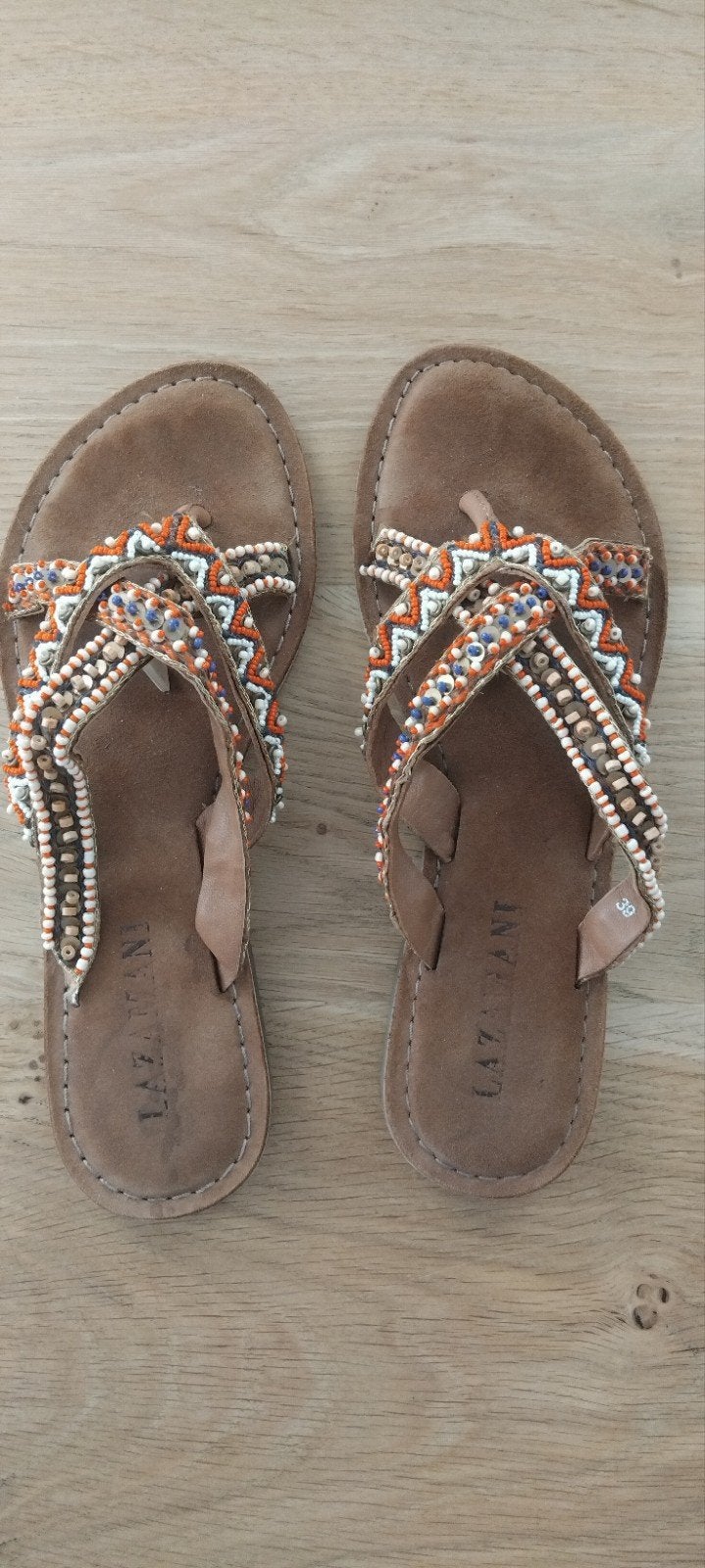Lazamani leren slippers met kralen - Maat 39, Ophalen of Verzenden, Zo goed als nieuw, Zwart