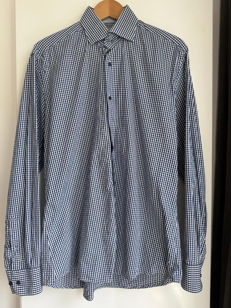blauw/wit geruit overhemd maat 41 ALESSANDRO MANCINI, Kleding | Heren, Ophalen of Verzenden, Gedragen, Blauw, Halswijdte 41/42 (L)