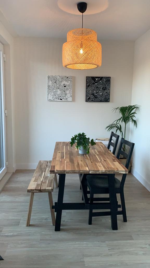 Ikea SKOGSTA eettafel met bankje en stoelen, Huis en Inrichting, Ophalen, Gebruikt, 50 tot 100 cm, 150 tot 200 cm