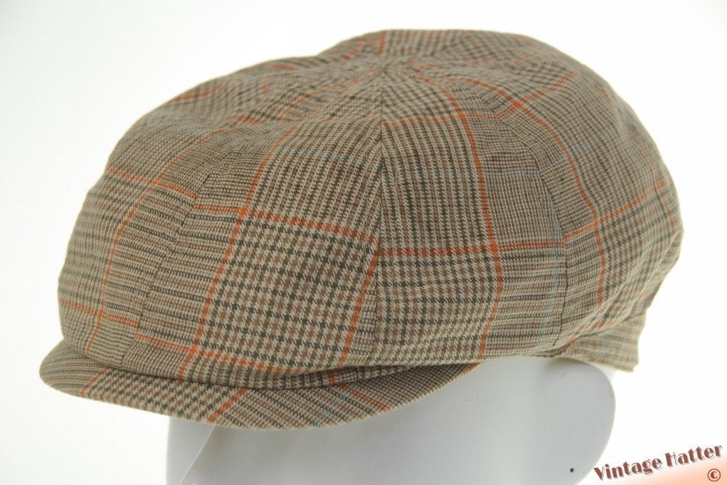 Vintage panelenpet beige bruin oranje geruit katoen 53-56 XS, Ophalen of Verzenden, Zo goed als nieuw, 57 cm (M, 7⅛ inch) of minder