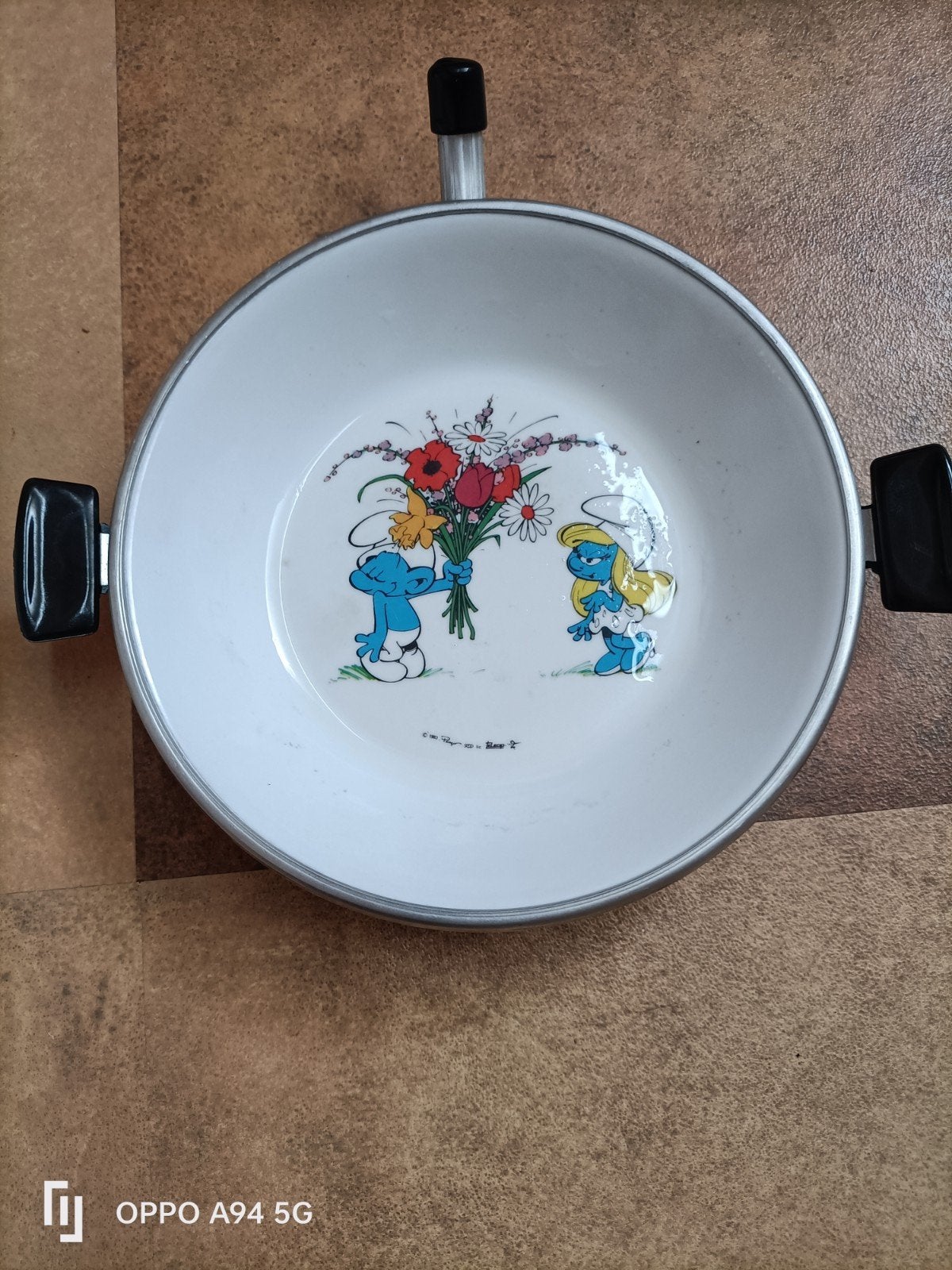 Vintage Aluminium smurfen warmhoudbordje, Ophalen