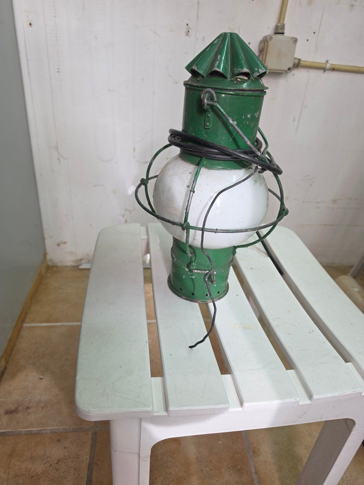 Vintage Scheepslamp / Uienlamp - Groen Metaal & Glas, Antiek en Kunst, Ophalen