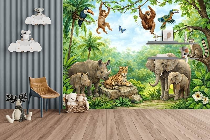 Fotobehang / Behang - Kinderkamer - Jungle Dieren Avontuur, Fotobehangkoning.nl, Overige patronen, Hoogeveen, Info@fotobehangkoning.nl