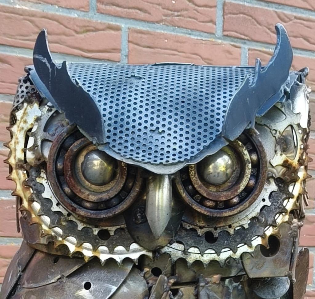 Unieke metalen uil sculptuur - Handgemaakt kunstwerk, Antiek en Kunst, Kunst | Beelden en Houtsnijwerken, Ophalen, 50 - 100 cm