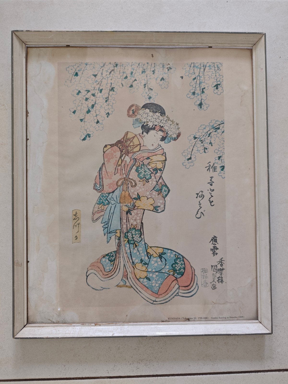 Kunisada (Tokugawa III) - Geisha dansend als Shizuka (1835), Ophalen, 1800 - 1899, Houtsnede, 39 cm