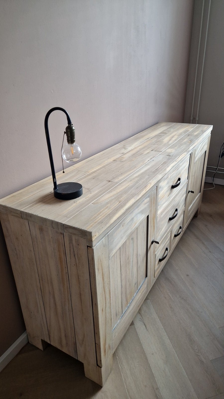Zware kwaliteit dressoir mango hout whitewash, lades/planken, Ophalen, Gebruikt, 25 tot 50 cm, 150 tot 200 cm