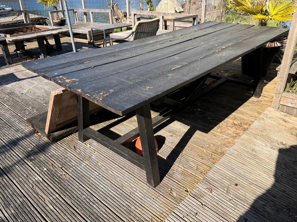 Zelfgemaakte houten tuintafel 250x99 - opknapper, Ophalen, Gebruikt, Rechthoekig, Hout