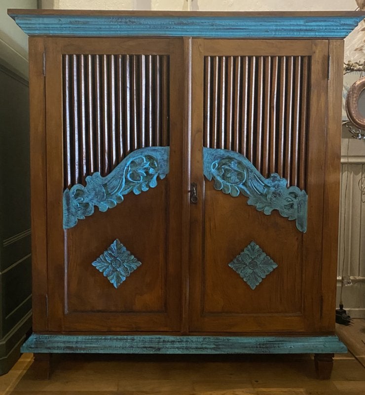 Boho kast vintage Ibiza servieskast turquoise kastje VdlM, Ophalen, 100 tot 150 cm, 100 tot 150 cm, Teakhout