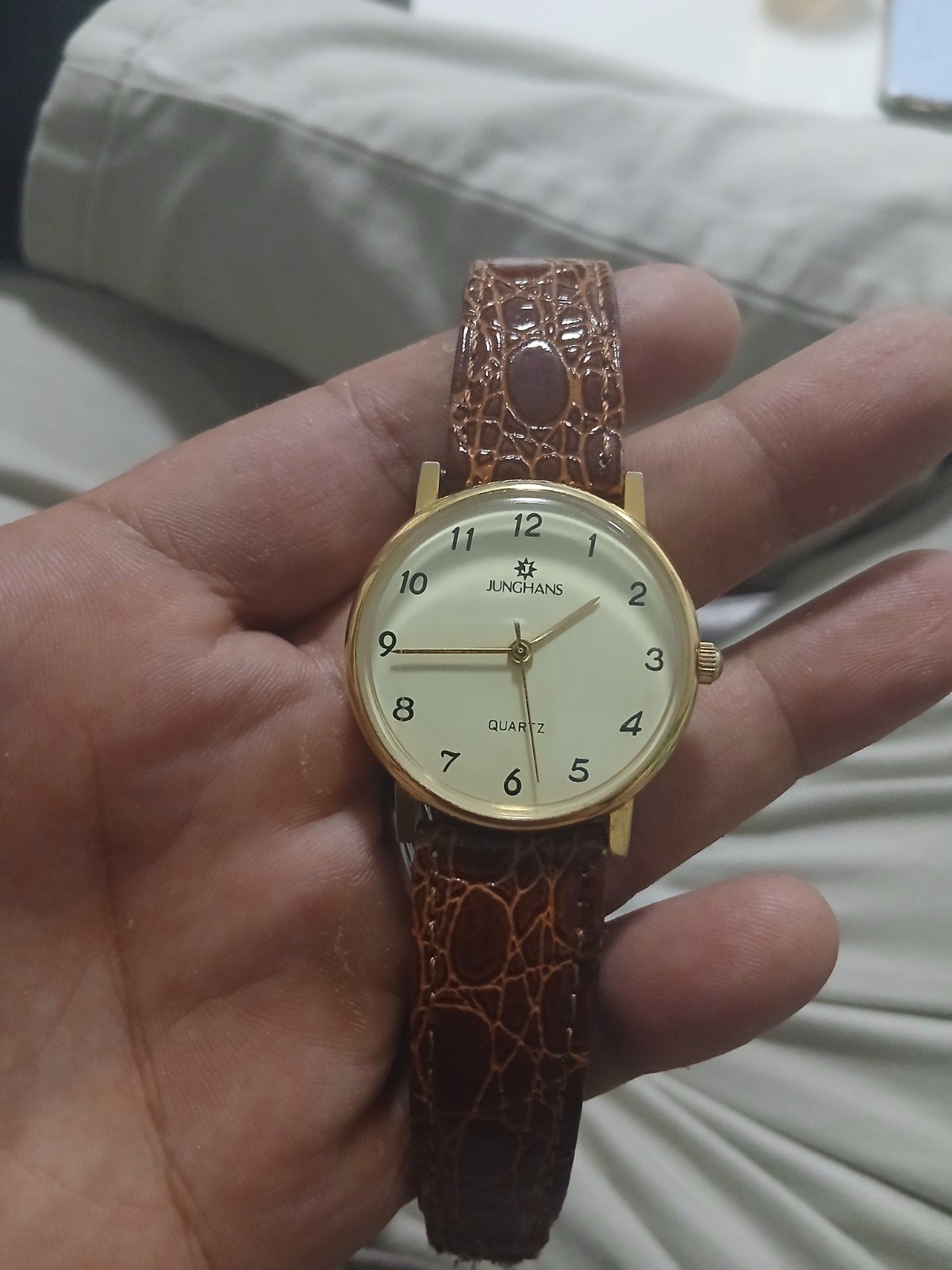 vintage Junghans Quartz Polshorloge met Leren Bandje, Verzenden, Gebruikt, Leer, Overige merken