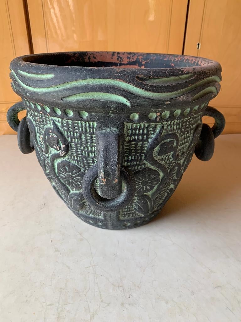 Terracotta bloempot sierpot met 4 oren met ringen, Rond, Minder dan 40 cm, Balkon, Terracotta