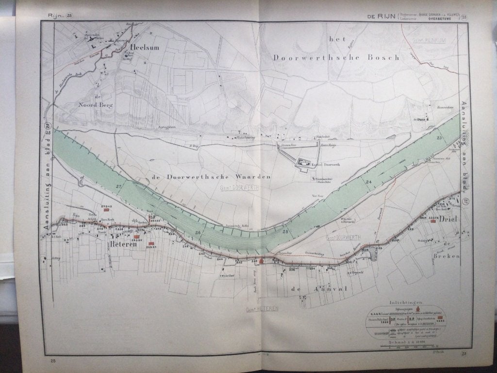Driel, Heelsum, Heteren, Rijn,1872., Antiek en Kunst, Cartografie, Ophalen of Verzenden, 51 cm, Blanco verso