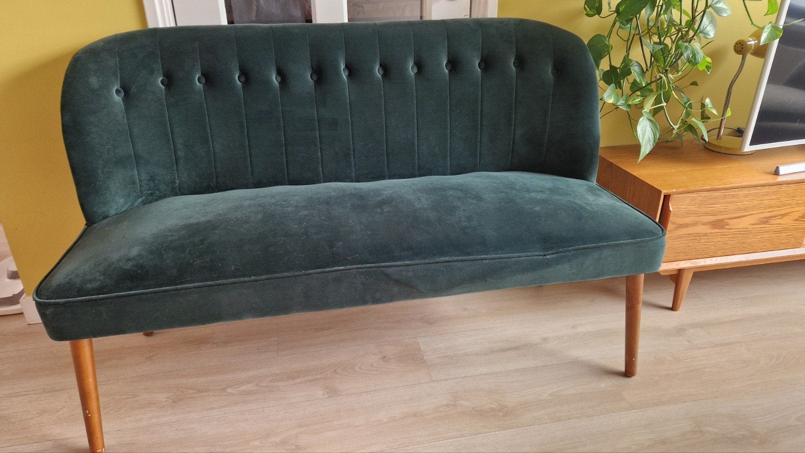 Vintage Groen Fluweel Bankje - Tweepersoons, Ophalen, Gebruikt, Vintage, Klassiek, Retro, Minder dan 75 cm