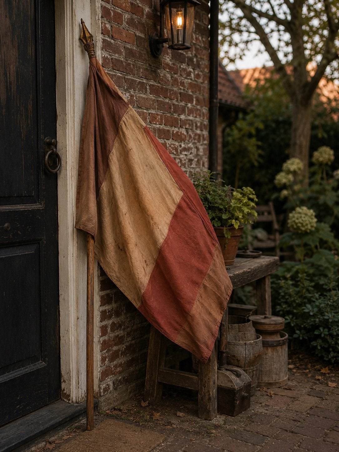 Antieke Vlag met Houten Vlaggenstok – Decoratie, Ophalen
