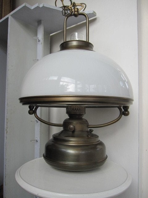 grote vintage messing hanglamp met glazen kap 64x44, Ophalen, Zo goed als nieuw, Glas