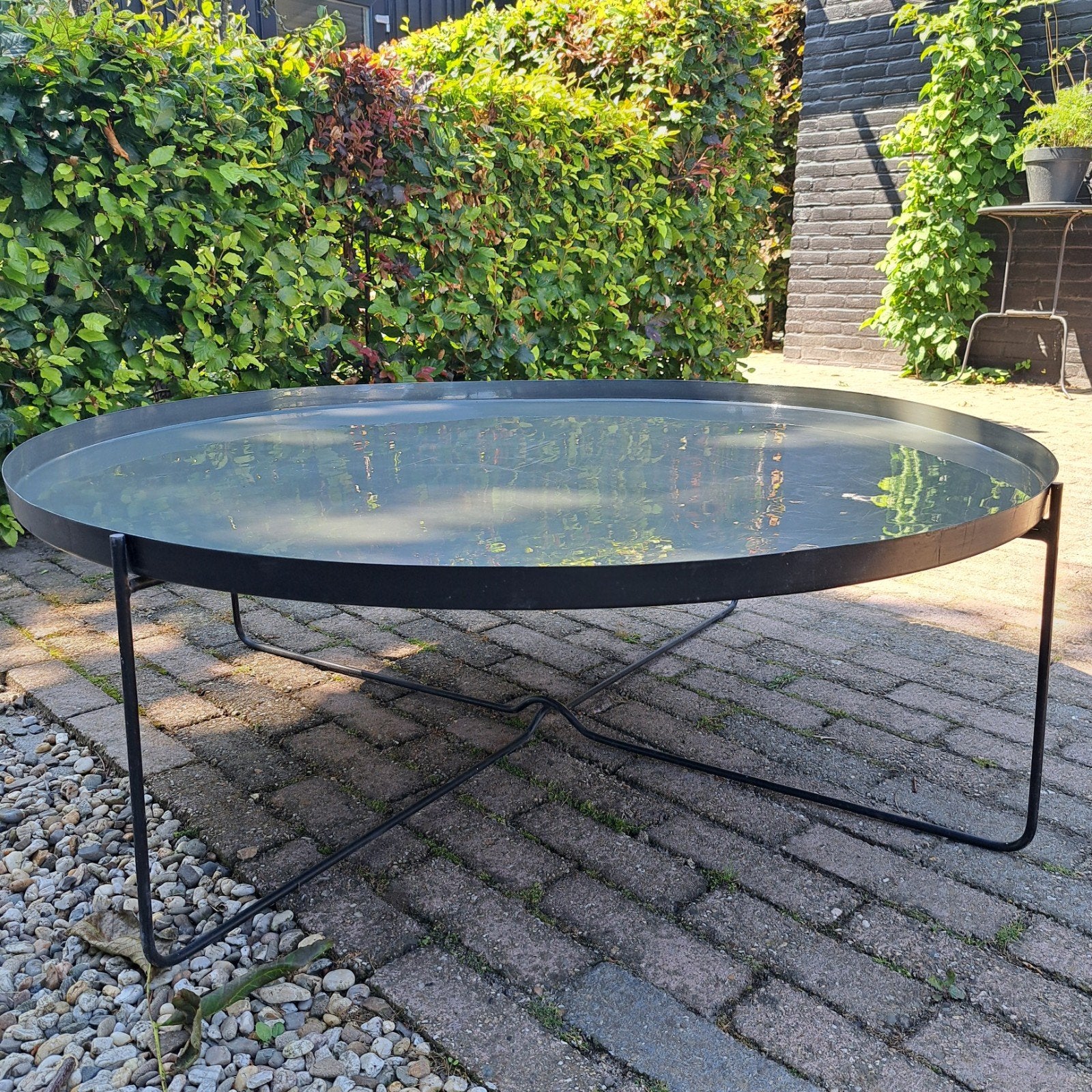 Donkergrijze inklapbare loungetafel, Ø100cm, H34cm, Tuin en Terras, Ophalen, Gebruikt, Rond, Metaal