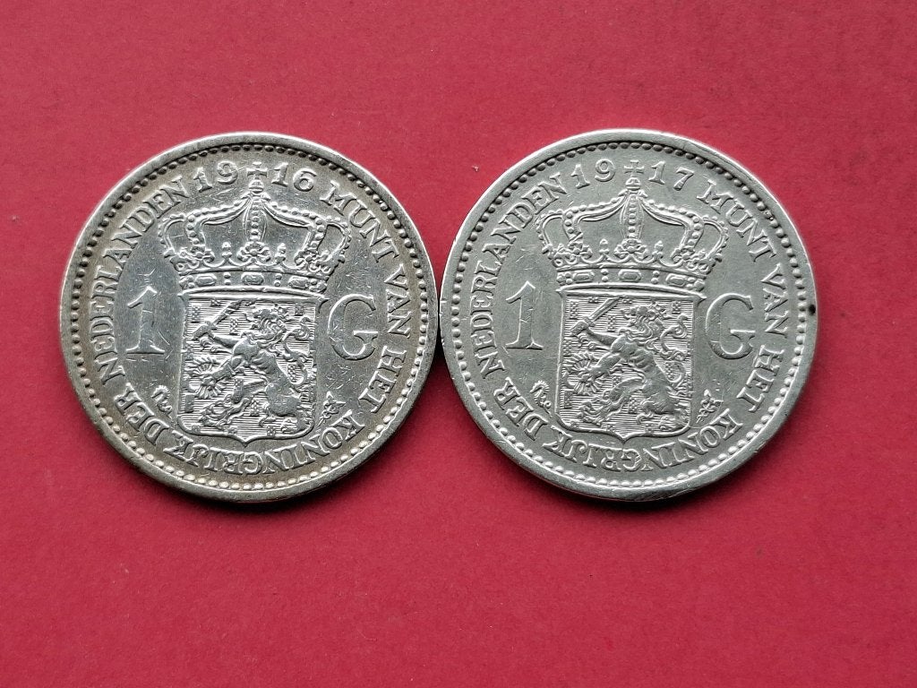 1 gulden 1916 en 1917, 1 gulden, Setje, Zilver, Ophalen of Verzenden
