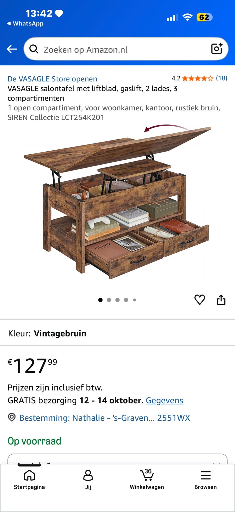VASAGLE Salontafel met Liftblad, Gaslift, 2 Laden, Vintagebr, Ophalen, 50 – 75, Nieuw, 50 tot 100 cm