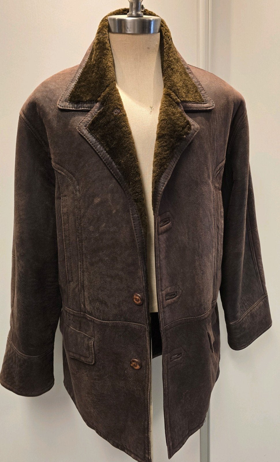 Stoere heren lammy coat parka - maat L - lamsvacht en leer, Ophalen of Verzenden, Gedragen, Maat 52/54 (L), Bruin