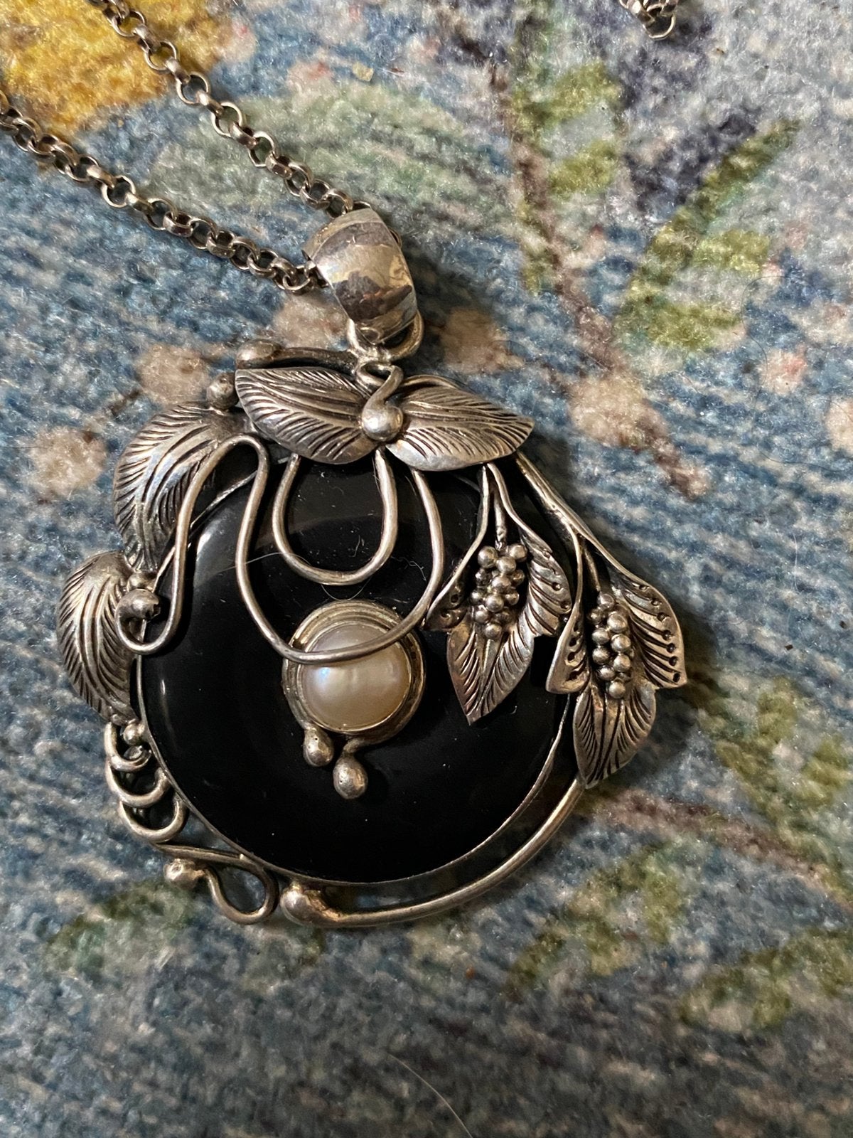 Kettinhanger onyx parel zilver jugendstil jasseron, Ophalen of Verzenden, Zo goed als nieuw, Zilver
