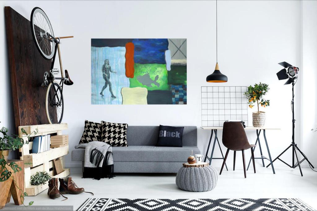Schilderij on her way, 70 x 100 cm op linnen doek, Antiek en Kunst, Kunst | Schilderijen | Abstract, Ophalen of Verzenden