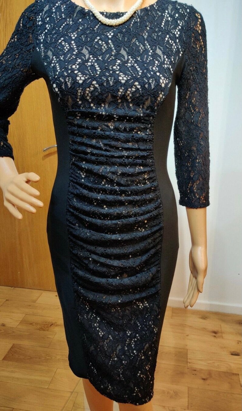Phase Eight luxe kanten jurk donkerblauw 3/4 mouwen maat 38, Kleding | Dames, Maat 38/40 (M), Zo goed als nieuw, Onder de knie