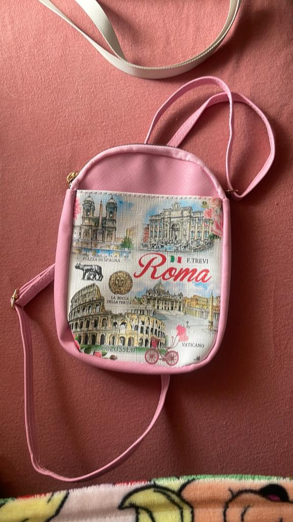 Leuk roze schoudertasje met Roma print, Ophalen, Zo goed als nieuw, Roze, Schoudertasje