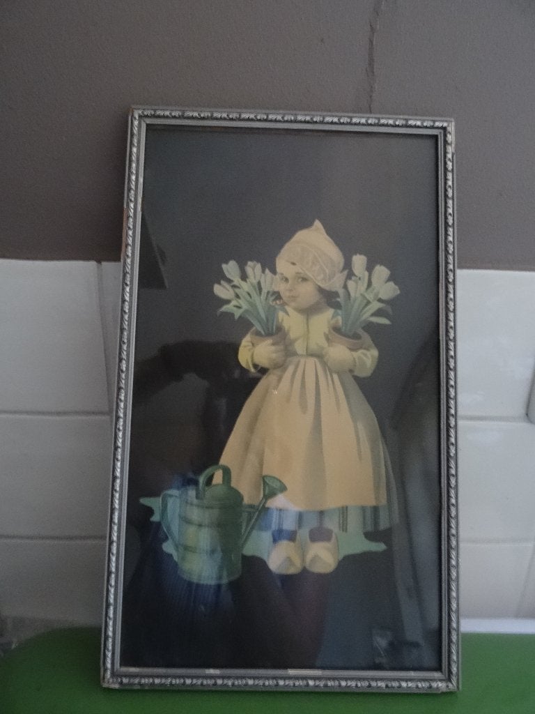 Oude prent boerinnetje op klompen met tulpen, Ophalen, Gebruikt, Klederdracht, 1940 tot 1960