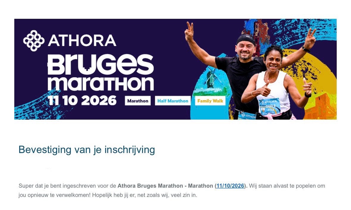 Athora Bruges marathon (Brugge) + medaille gravering, Eén persoon