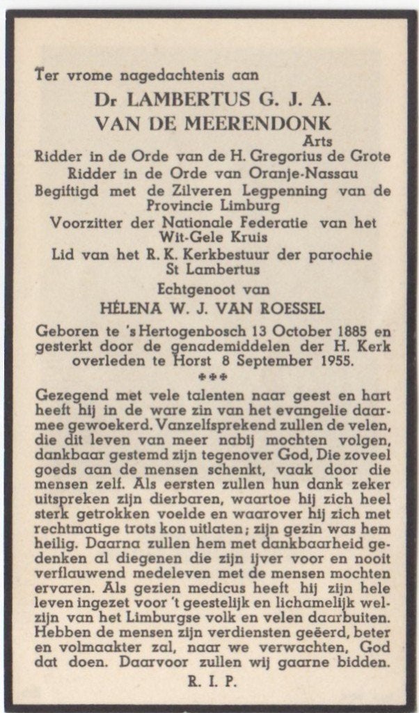 dr. Lambertus van de Meerendonk 1885 Den Bosch + 1955 Horst, Ophalen of Verzenden