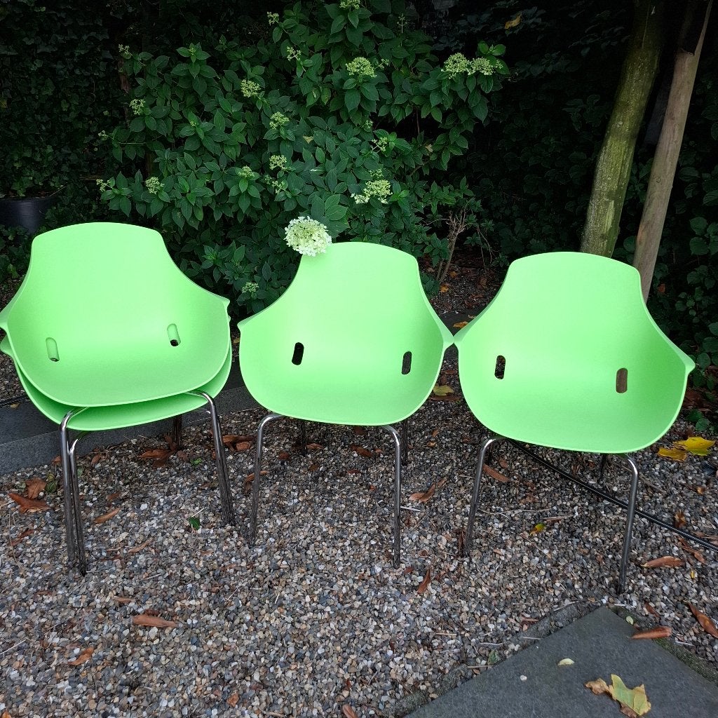 Kunststof kuipstoelen appeltjes groen, Huis en Inrichting, Ophalen, Zo goed als nieuw, Grijs, Metaal