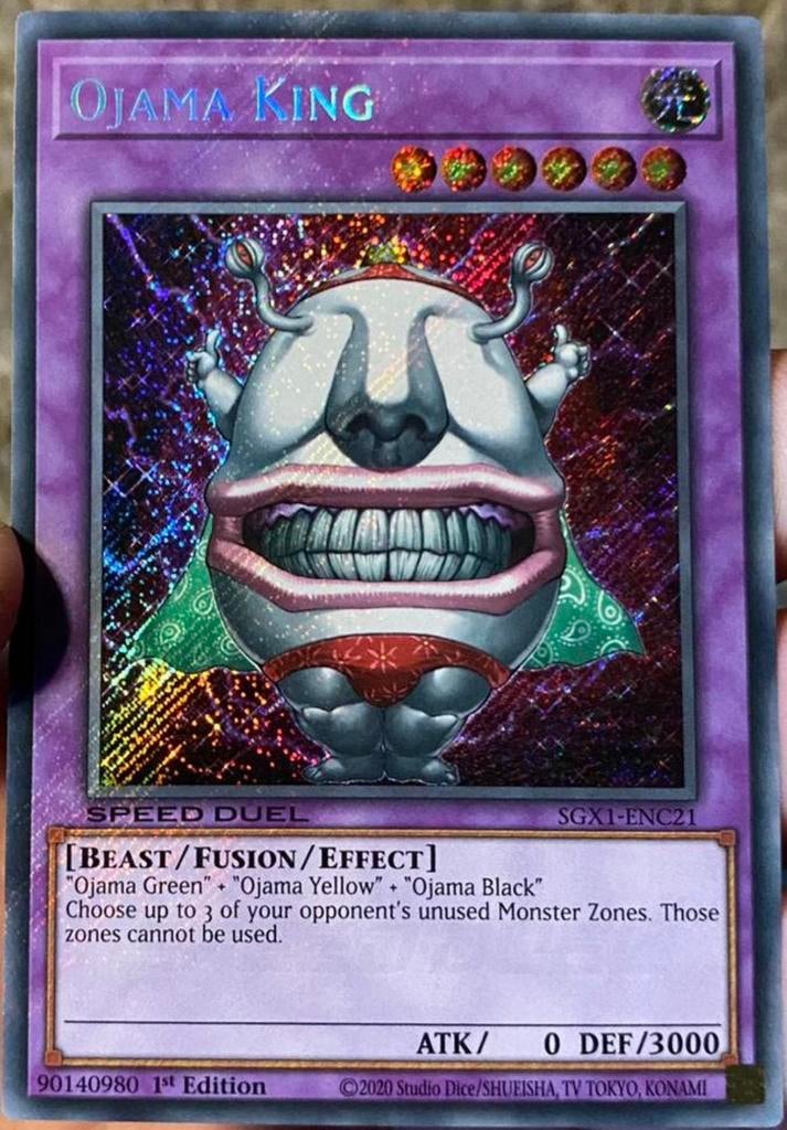 Yu-Gi-Oh! Ojama King SGX1 1st Edition !, Ophalen of Verzenden, Zo goed als nieuw, Losse kaart, Foil