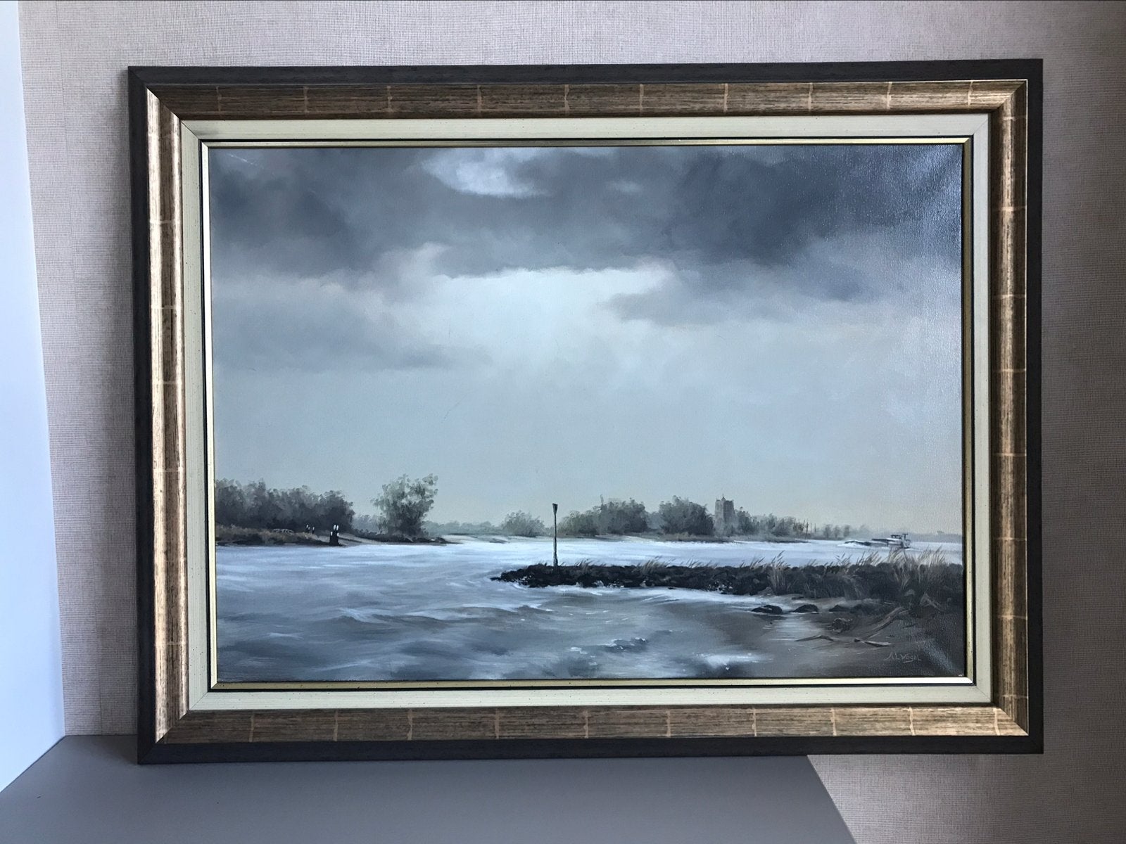 Schilderij (zicht van Gorinchem op Woudrichem), Antiek en Kunst, Kunst | Schilderijen | Klassiek, Ophalen of Verzenden