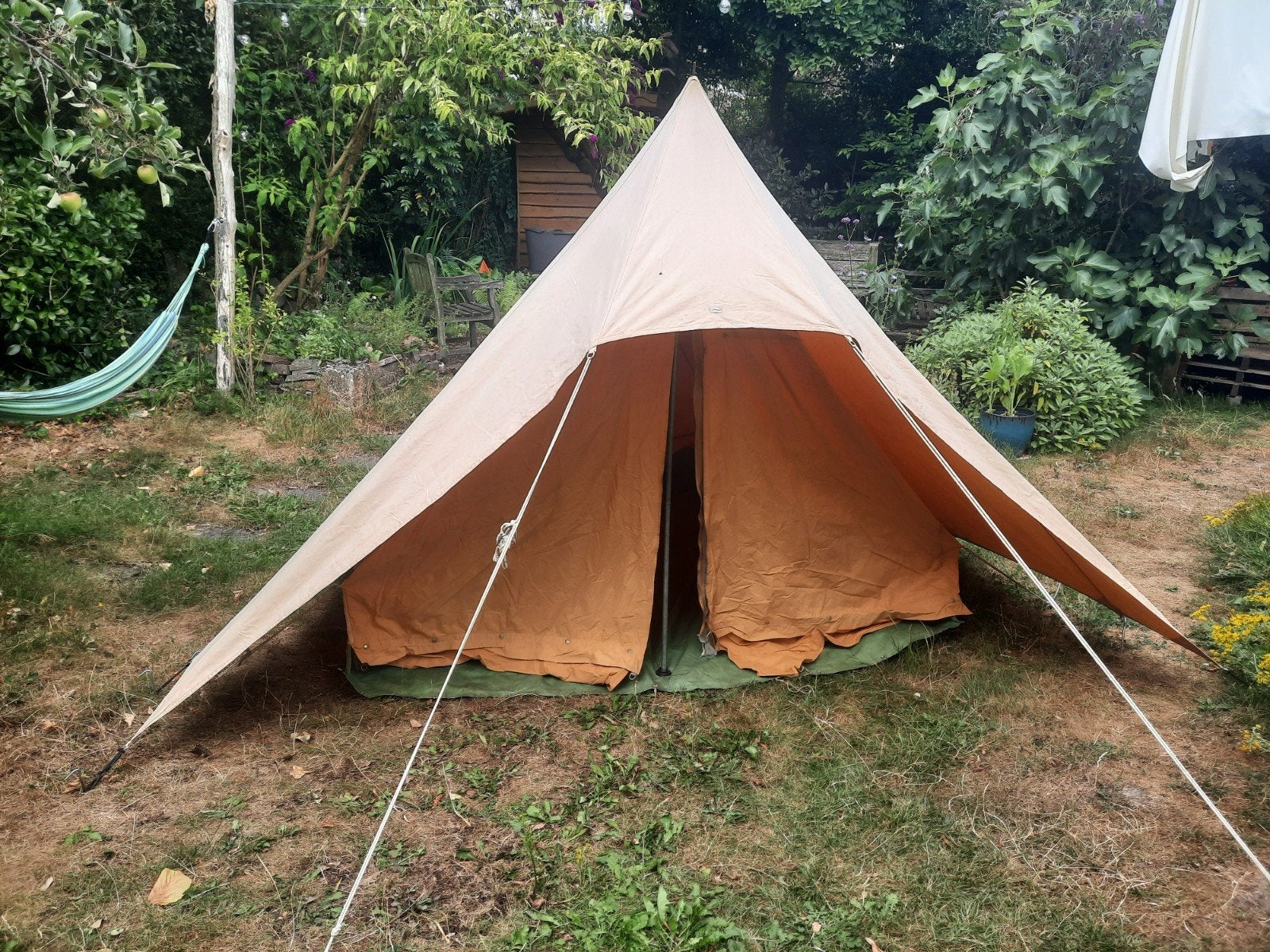 Vintage tent met verzameling badges, Caravans en Kamperen, Tenten, Ophalen, Gebruikt, Tot en met 2