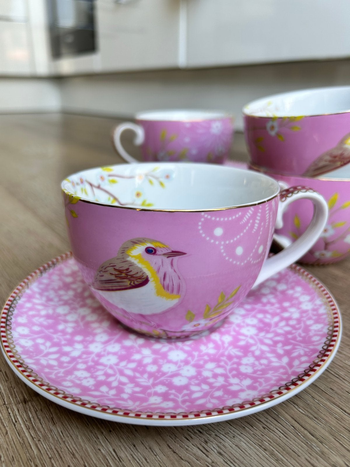 Pip Studio Amsterdam 4-dellige theekopjesset -vogel bloemen, Pip Studio, Ophalen of Verzenden, Zo goed als nieuw, Overige stijlen