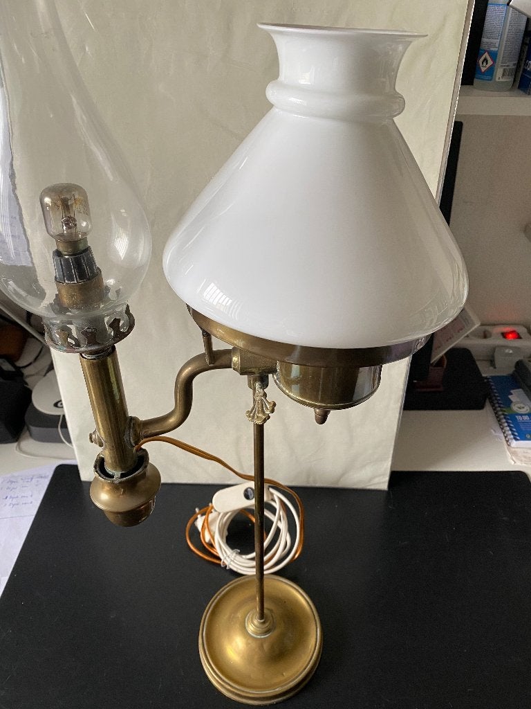 Antiek koperen schemerlamp met opalinen kap, Ophalen of Verzenden