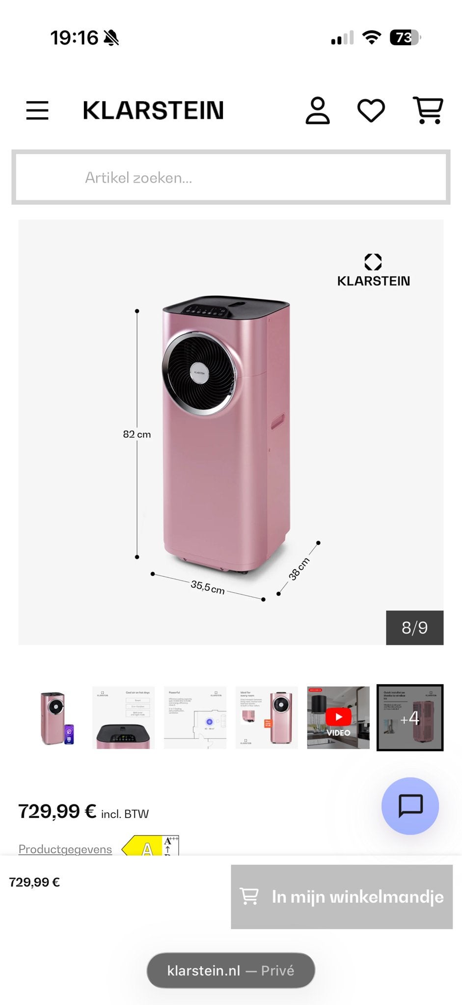 Klarstein Kraftwerk Smart 12000 BTU Mobiele Airco Roségoud, Ophalen, Nieuw, 3 snelheden of meer, Koelen en Ontvochtigen
