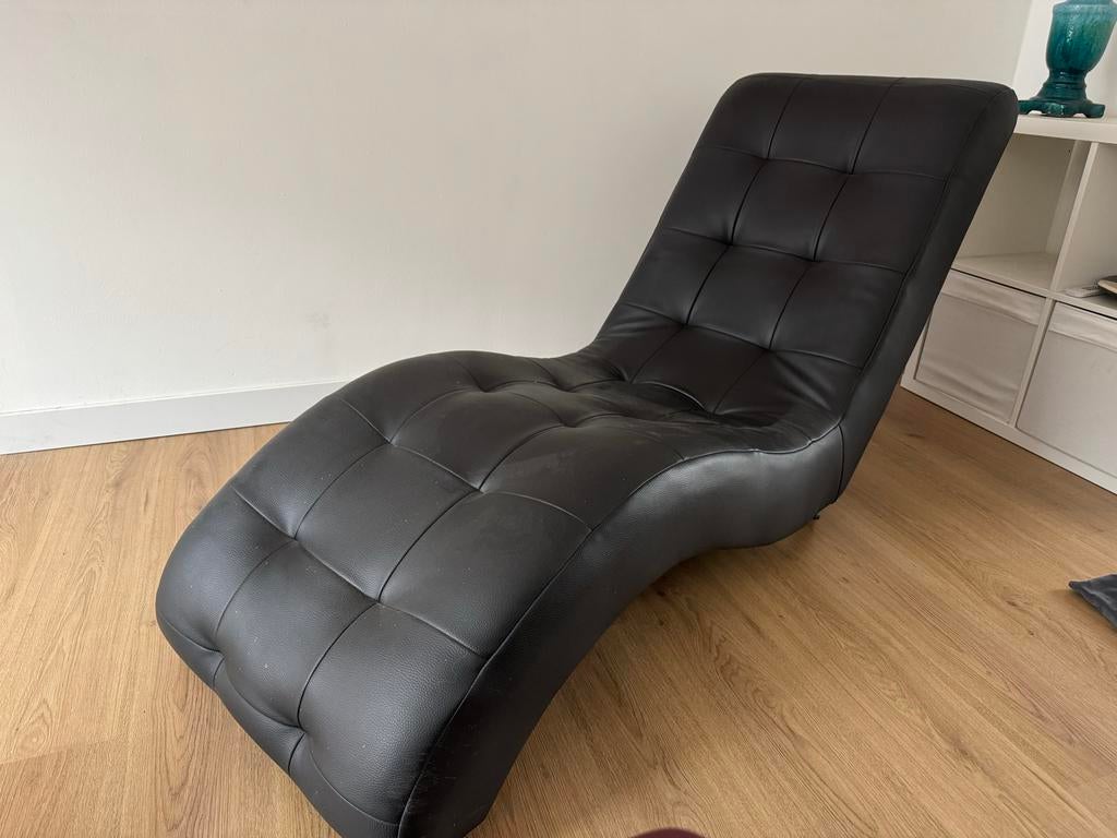 Zwarte leren ligstoel chaise longue, Ophalen, Gebruikt, Eenpersoons, Leer