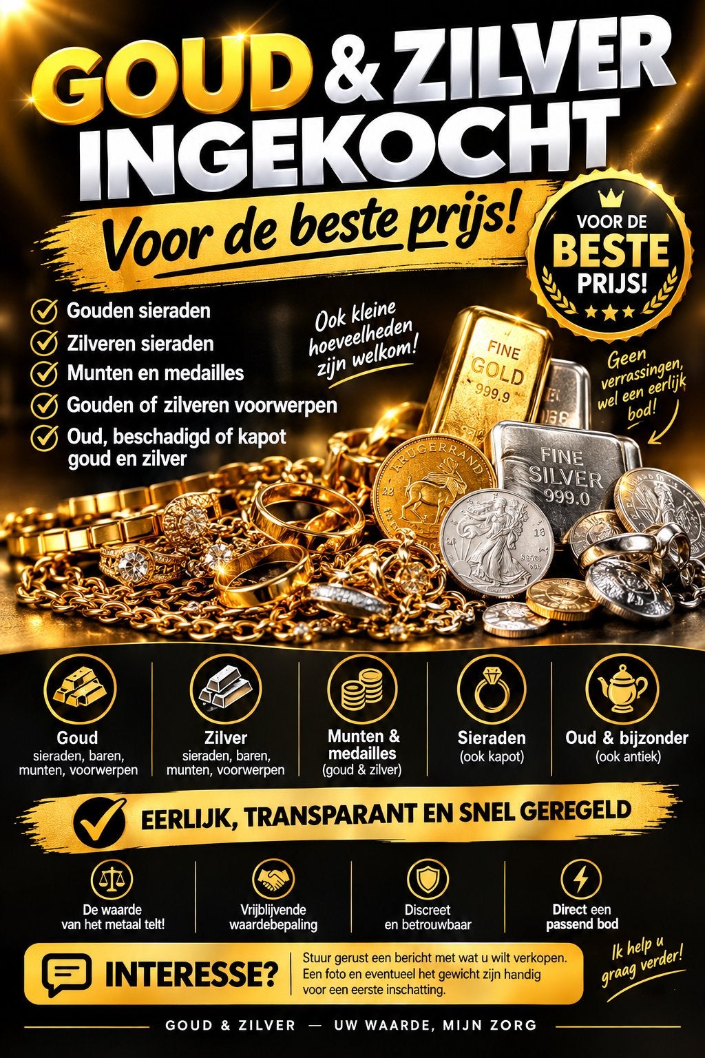 Goud & Zilver gezocht – Mooie prijzen!, Ophalen of Verzenden, Nieuw, Overige kleuren, Overige materialen