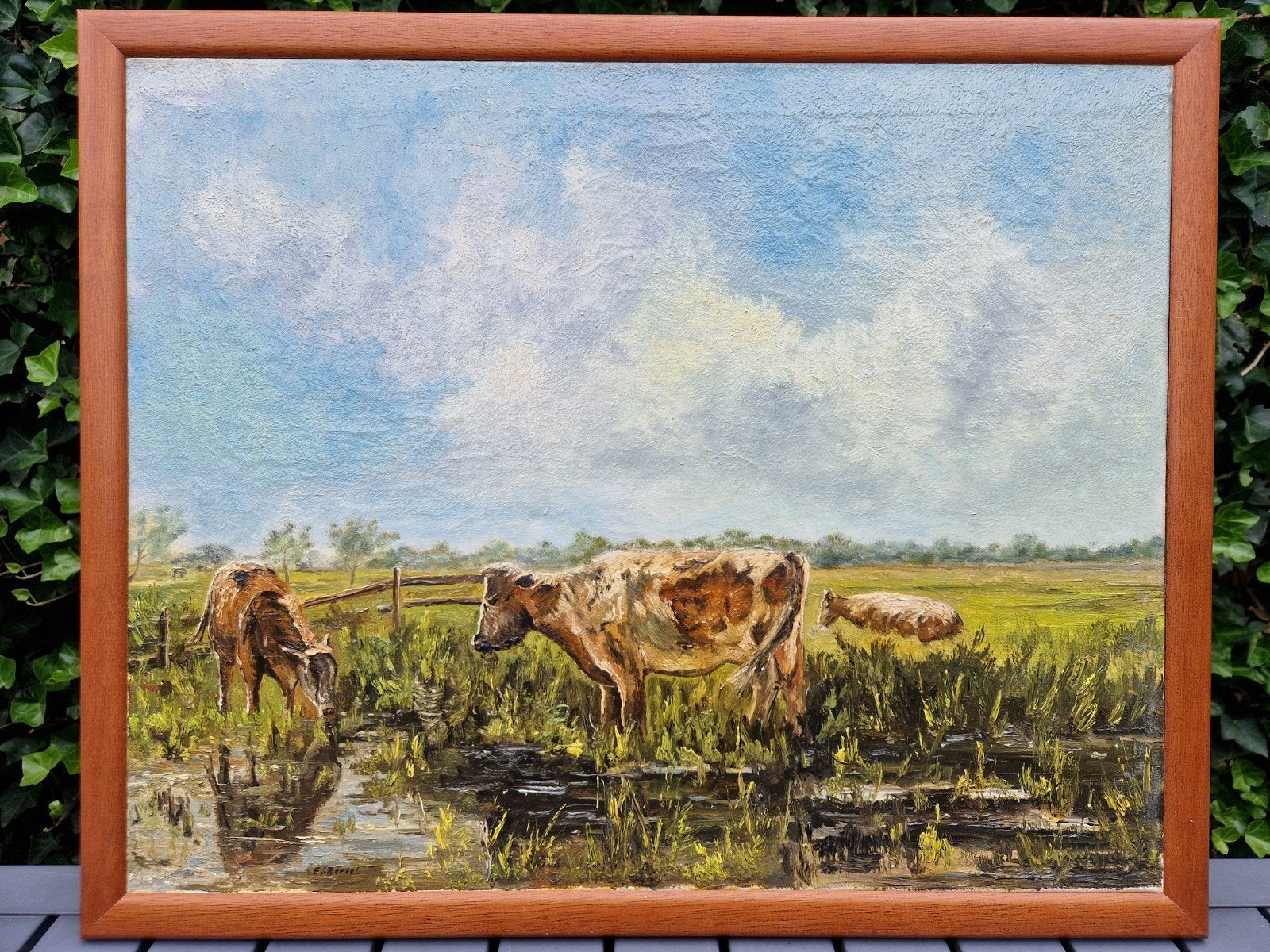 Olieverfschilderij Koeien in de wei - Gesigneerd, Doek, Realistisch, Dieren, Ophalen of Verzenden