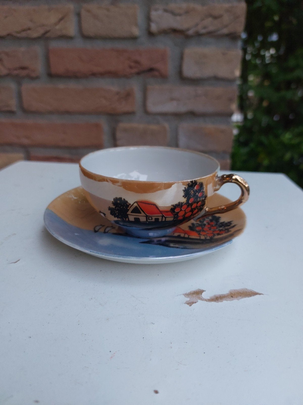 Vintage Japans theekopje met schotel - Handgeschilderd, Antiek en Kunst, Antiek | Servies los, Ophalen of Verzenden