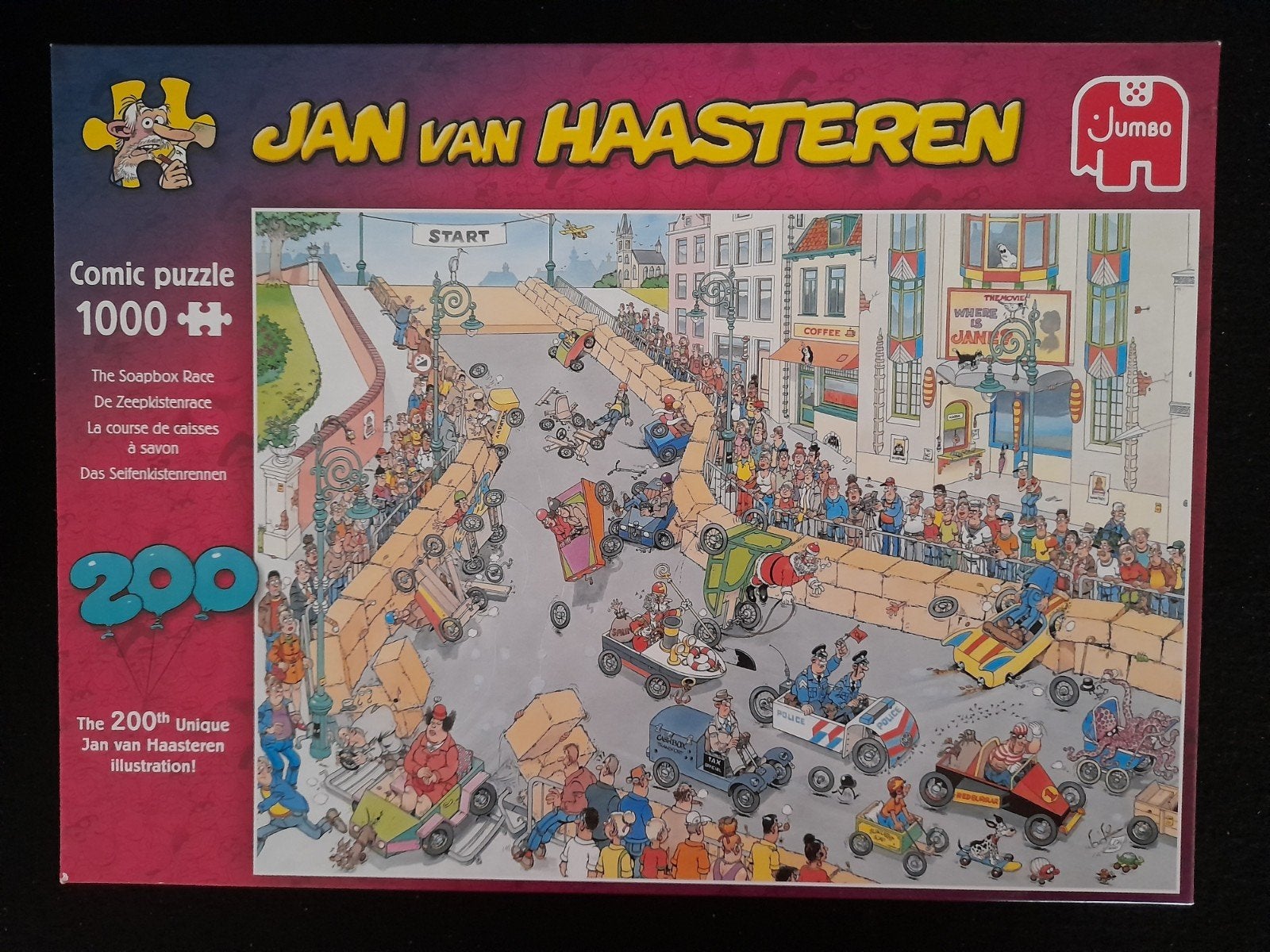Puzzel Jan van Haasteren Zeepkistenrace 1.000 stukjes, Hobby en Vrije tijd, Ophalen of Verzenden, 500 t/m 1500 stukjes, Zo goed als nieuw