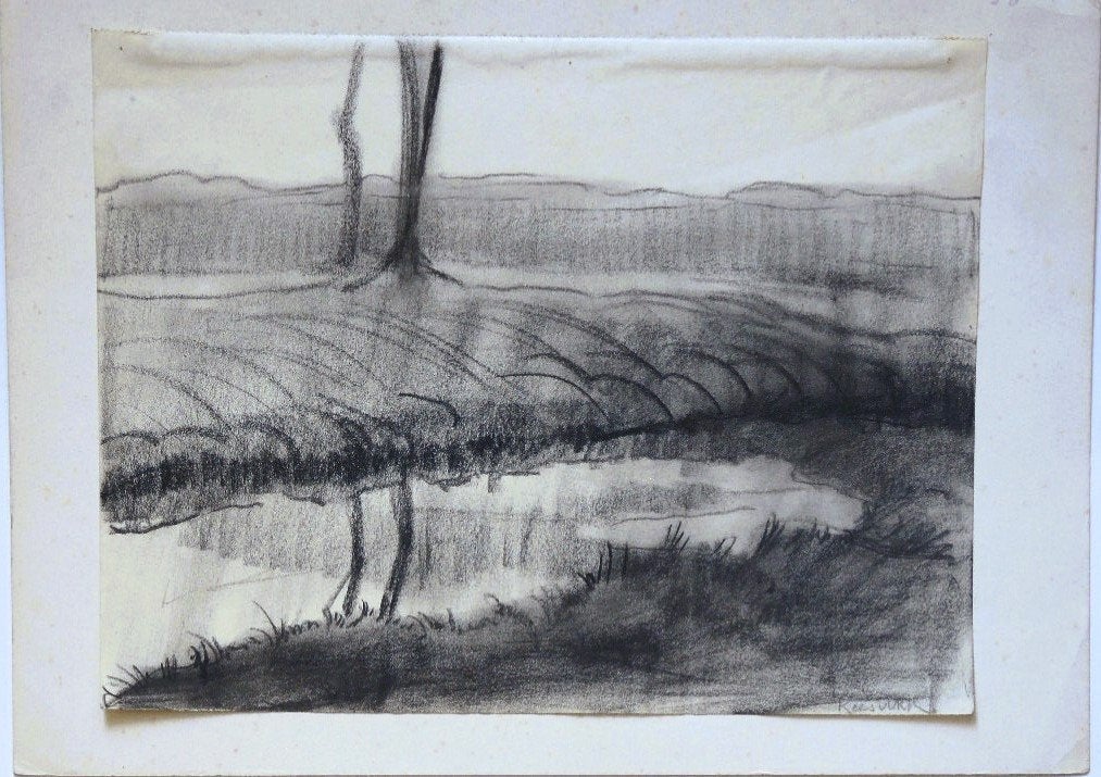 Kees van Urk krijttekening "Spiegeling in Sloot", gesigneerd, Ophalen