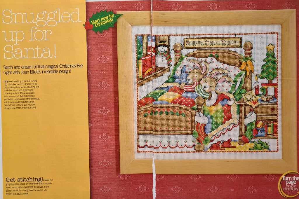 Slapende konijnen in bed met Kerst sfeer borduurpatroon, Ophalen, Nieuw, Handborduren, Patroon