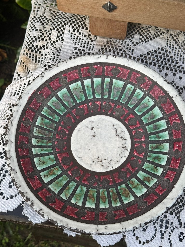 Vintage schaal keramiek rood groen wit mid century, Ophalen of Verzenden