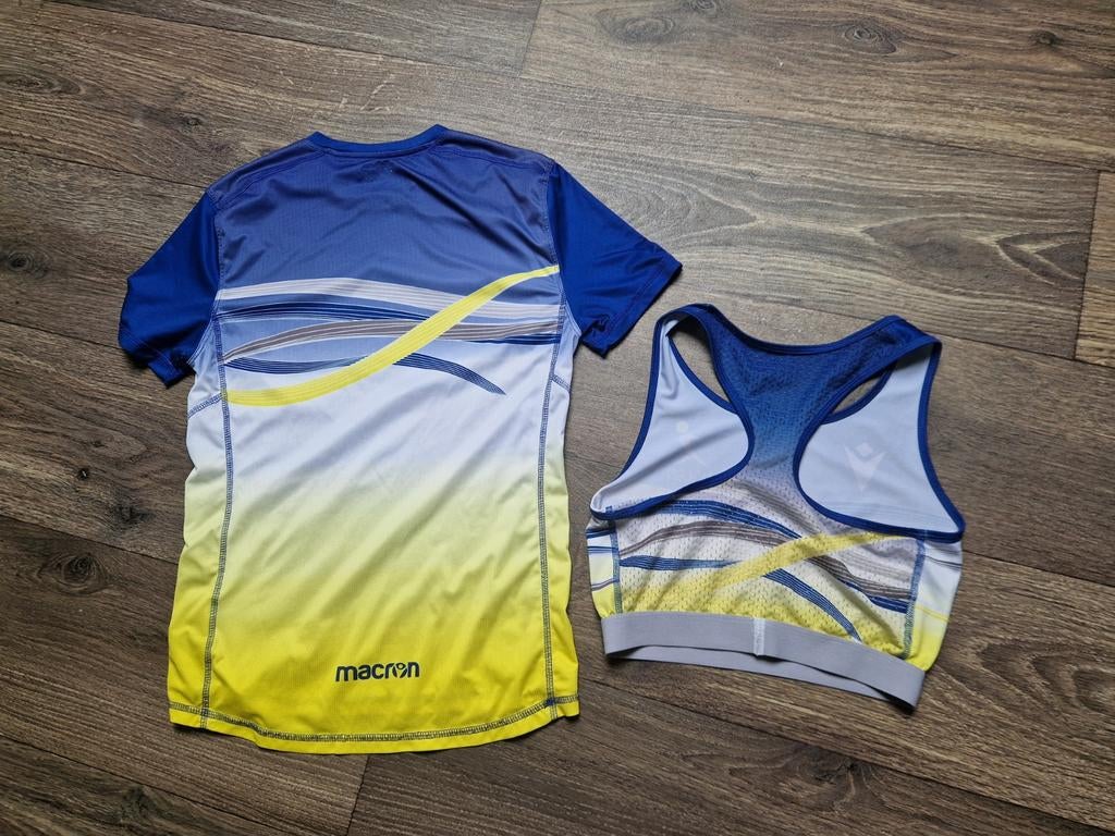 AV LGD Atletiek shirt XXS, top S en spikes 40 2/3., Blauw, Macron, Overige typen, Ophalen of Verzenden