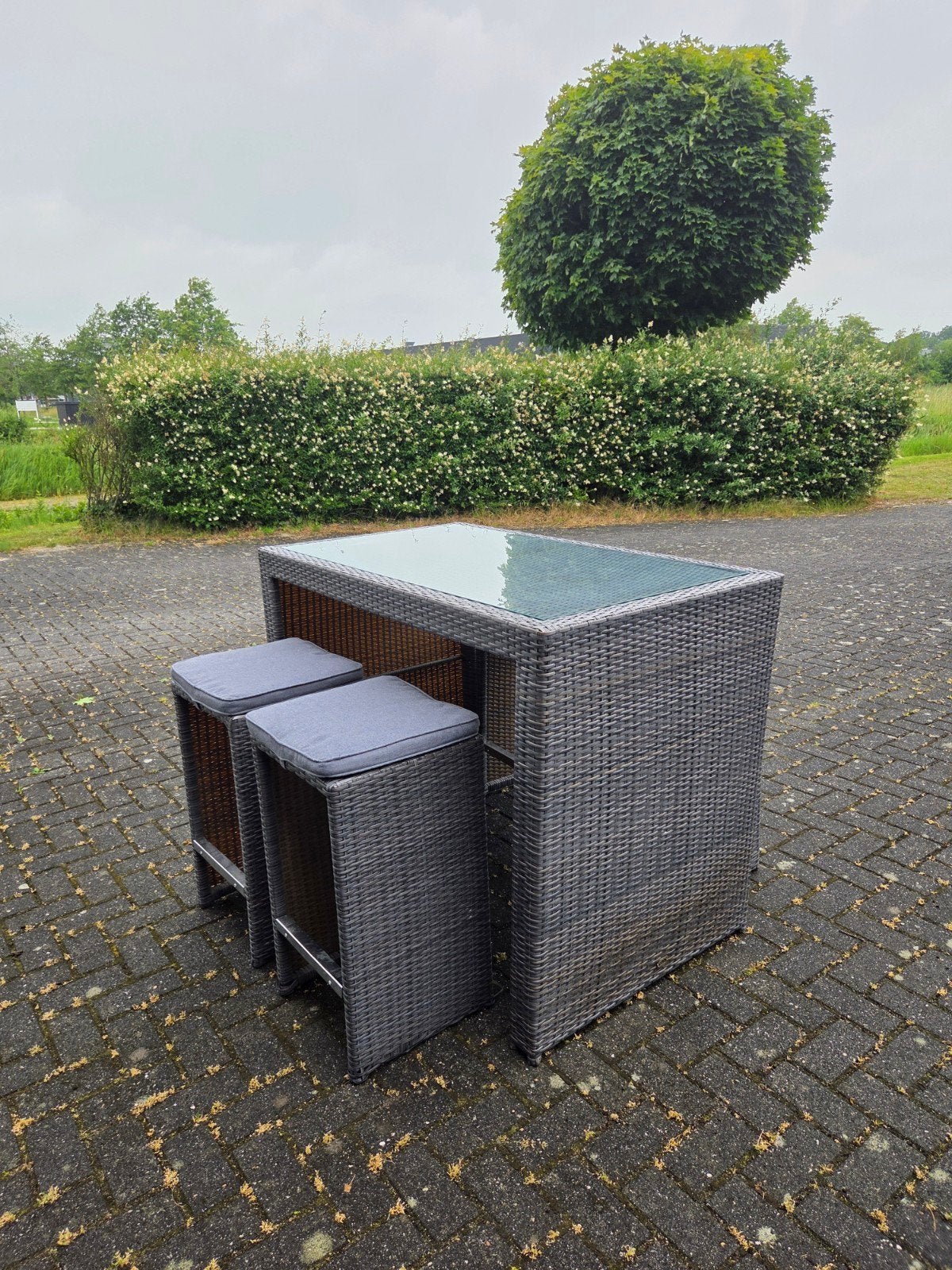 Bartafel/Tuintafel met glasplaat en 4 krukken, N.v.t., N.v.t., Ophalen of Verzenden, Wicker