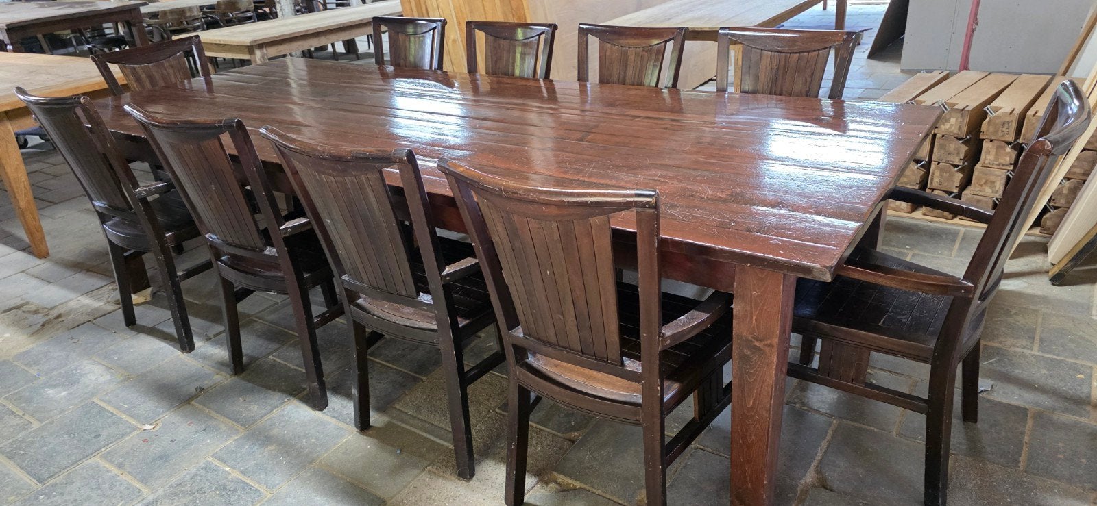 boerentafel 300x120 cm +10 stoelen, Ophalen, Gebruikt, 8 stoelen of meer