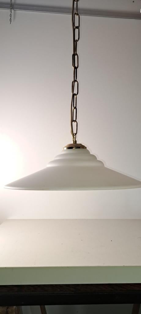 Vintage hanglamp brons glas - 40x10cm, ketting 80cm, Gebruikt, Vintage, Ophalen of Verzenden, Glas
