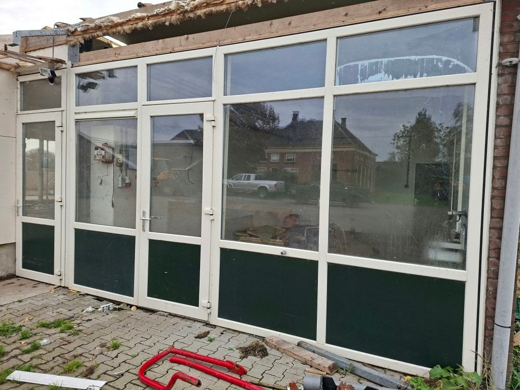 Gevelpui met glas en deuren 590x290 cm. groen en wit, Ophalen, Gebruikt, Overige typen, Glas